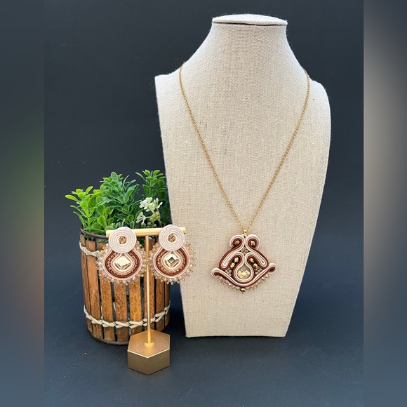 Brown Elegant Necklace & Earrings Set - Unique Soutache Jewelry Set - Picture 1 of 6